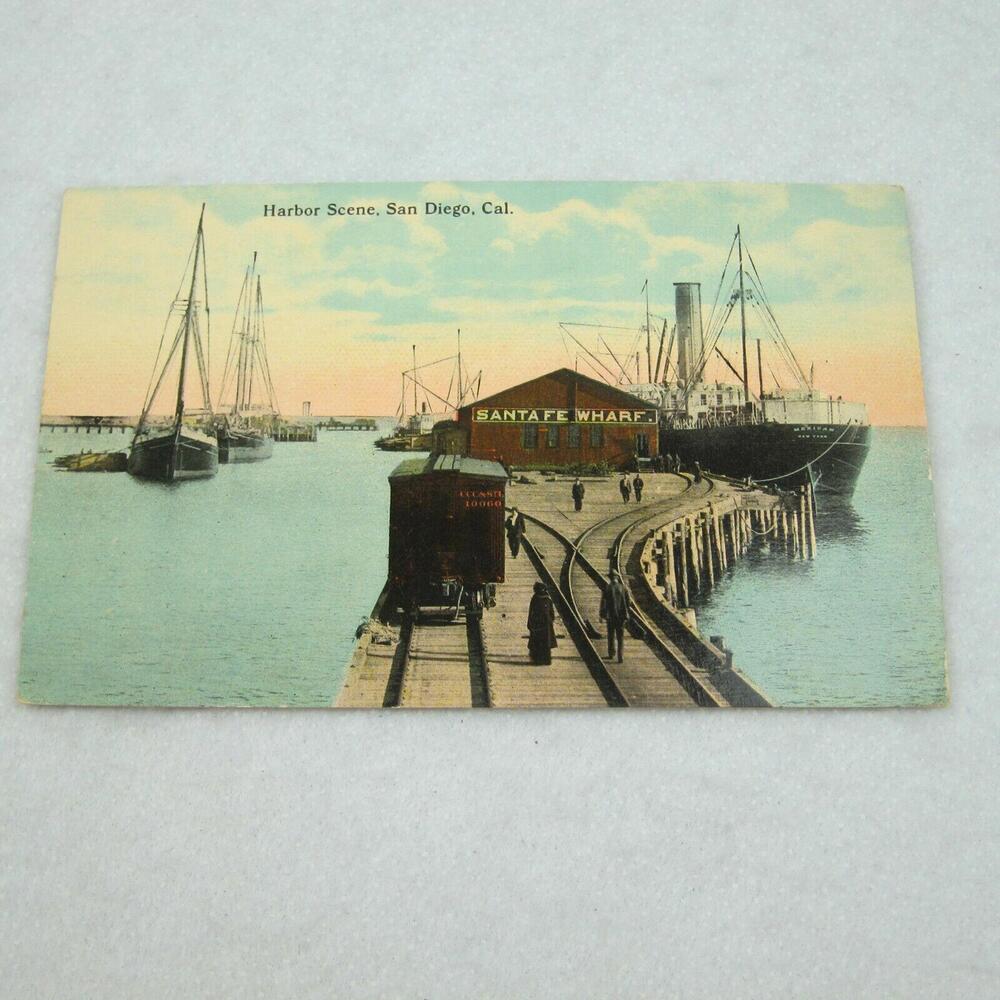 1915 San Diego Panama-California Expo Postcard Santa Fe Wharf Harbor Scene RARE